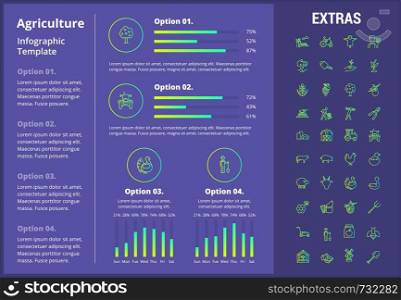 Agriculture infographic template, elements and icons. Infograph includes customizable graphs, four options, line icon set with agriculture food, farm animal, agricultural business, farming tools etc.. Agriculture infographic template, elements, icons.