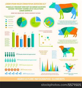 Agriculture infographics flat design elements of farm animals crop and charts vector illustration