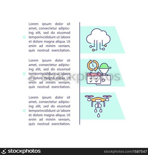 Agriculture innovation concept icon with text. Drones in farming. Farm automation. AI and IoT. PPT page vector template. Brochure, magazine, booklet design element with linear illustrations. Agriculture innovation concept icon with text