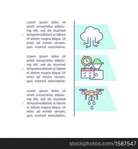 Agriculture innovation concept icon with text. Drones in farming. Farm automation. AI and IoT. PPT page vector template. Brochure, magazine, booklet design element with linear illustrations. Agriculture innovation concept icon with text