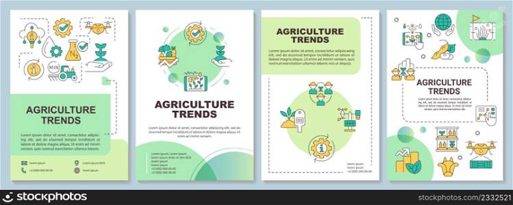 Agriculture innovation green brochure template. Farming growth. Leaflet design with linear icons. 4 vector layouts for presentation, annual reports. Arial-Bold, Myriad Pro-Regular fonts used. Agriculture innovation green brochure template