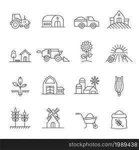 Agriculture line icons with tractor, farm house, car and field. Countryside building, machinery and organic product. Farming icon vector set. Farmland with field, barn and windmill. Agriculture line icons with tractor, farm house, car and field. Countryside building, machinery and organic product. Farming icon vector set