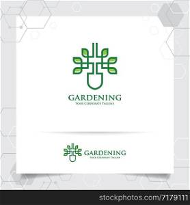 Agriculture logo design with concept of gardening tools icon and leaves vector. Green nature logo used for agricultural systems, farmer, and plantation products.