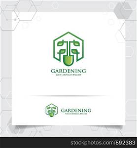 Agriculture logo design with concept of gardening tools icon and leaves vector. Green nature logo used for agricultural systems, farmer, and plantation products.