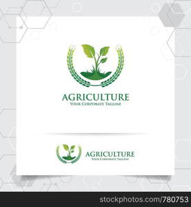 Agriculture logo design with concept of grain icon and plant leaves vector. Green nature logo used for agricultural systems, farmer, and plantation products.