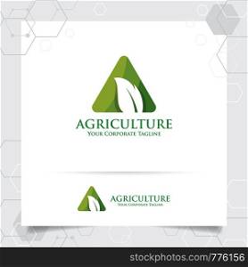 Agriculture logo design with concept of letters A icon and leaves vector. Green nature logo used for agricultural systems, farmer, and plantation products.