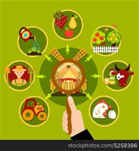 Agriculture Magnifying Lens Concept. Agriculture round conceptual composition with human hand lens and mill with circle farming images fruits animals vector illustration