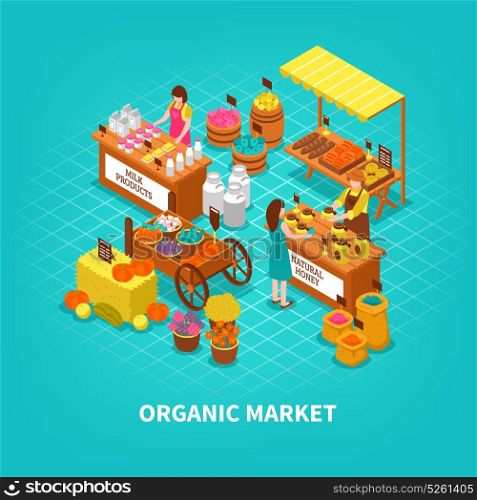Agriculture Market Isometric Composition. Market concept with fresh natural local growing organic products trade fair with people characters at counters vector illustration