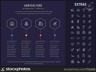 Agriculture options infographic template, elements and icons. Infograph includes four options, line icon set with agriculture food, farm animal, agricultural business, farming tools, organic fruit etc. Agriculture infographic template, elements, icons.