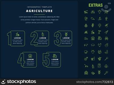 Agriculture options infographic template, elements and icons. Infograph includes options, line icon set with agriculture food, farm animal, agricultural business, farming tools, organic fruit etc.. Agriculture infographic template, elements, icons.