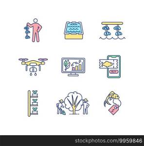 Agriculture production RGB color icons set. Oyster farming. Lease pond. Water pool for aquafarming. Drone for irrigation. Automation technology. Community garden. Isolated vector illustrations. Agriculture production RGB color icons set