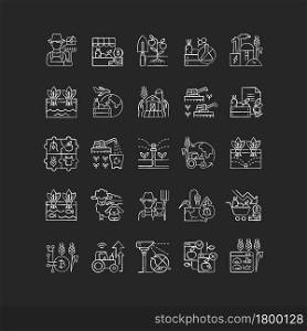 Agriculture related chalk white icons set on dark background. Growing vegetables and fruits. Agricultural technologies. Farming management. Isolated vector chalkboard illustrations on black. Agriculture related chalk white icons set on dark background