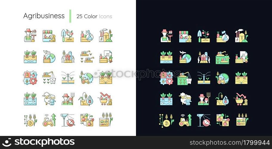 Agriculture related light and dark theme RGB color icons set. Growing vegetables and fruits. Isolated vector illustrations on white and black space. Simple filled line drawings pack. Agriculture related light and dark theme RGB color icons set