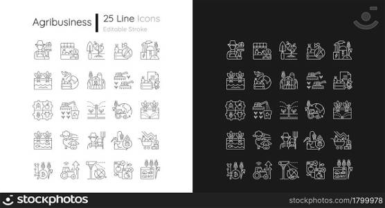 Agriculture related linear icons set for dark and light mode. Growing vegetables and fruits. Farm technology. Customizable thin line symbols. Isolated vector outline illustrations. Editable stroke. Agriculture related linear icons set for dark and light mode