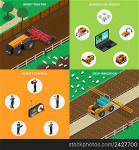 Agriculture robot modern technology isometric 2x2 design concept with images of android driven agrimotors with text vector illustration. Agrimotor Robots Design Concept