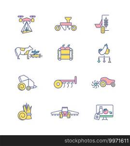 Agriculture technology RGB color icons set. Farming equipment. Machinery for planting seeds. Cultivating crops. Grow harvest. Feeding livestock. Irrigating farmland. Isolated vector illustrations. Agriculture technology RGB color icons set