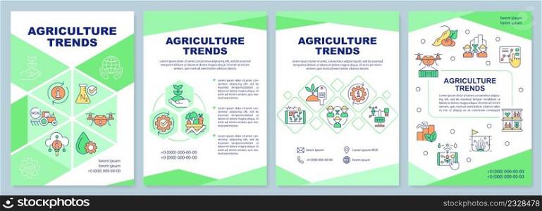 Agriculture trends green brochure template. Farming growth. Leaflet design with linear icons. 4 vector layouts for presentation, annual reports. Arial-Black, Myriad Pro-Regular fonts used. Agriculture trends green brochure template