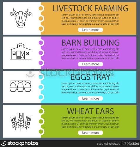 Agriculture web banner templates set. Agriculture web banner templates set. Cow head, barn building, eggs tray, wheat ears. Website color menu items with linear icons. Vector headers design concepts