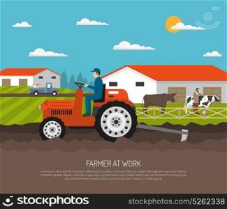 Agrimotor Works Farm Composition. Farm background with flat farmsteading landscape and farmer character on agrimotor and livestock animals with text vector illustration