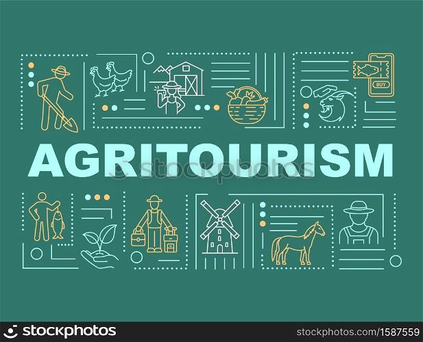 Agritourism word concepts banner. U-Pick farm. Traveling. Petting zoo. Fishing. Infographics with linear icons on green background. Isolated typography. Vector outline RGB color illustration. Agritourism word concepts banner
