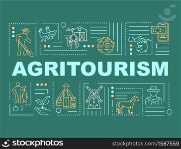 Agritourism word concepts banner. U-Pick farm. Traveling. Petting zoo. Fishing. Infographics with linear icons on green background. Isolated typography. Vector outline RGB color illustration. Agritourism word concepts banner