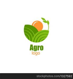 Agro logo for vegan food or company. Green fields and orange sun. Vector