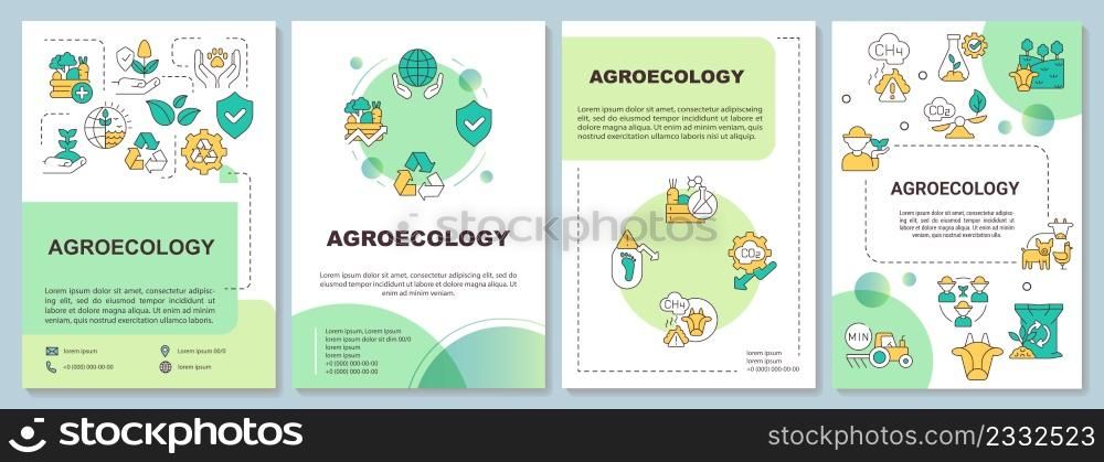 Agroecology green brochure template. Environment care. Leaflet design with linear icons. 4 vector layouts for presentation, annual reports. Arial-Bold, Myriad Pro-Regular fonts used. Agroecology green brochure template