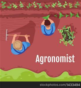 Agronomist social media post mockup. Farmer harvesting plants. Advertising web banner design template. Social media booster, content layout. Promotion poster, print ads with flat illustrations. Agronomist social media post mockup