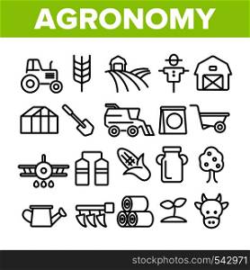 Agronomy Industry Vector Thin Line Icons Set. Agronomy Machinery Linear Illustrations. Growing Crops, Fruits Equipment. Farming, Meat, Dairy Products Manufacturing. Storage Facilities Contour Symbols. Agronomy Industry Vector Thin Line Icons Set