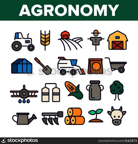 Agronomy Industry Vector Thin Line Icons Set. Agronomy Machinery Linear Illustrations. Growing Crops, Fruits Equipment. Farming, Meat, Dairy Products Manufacturing. Storage Facilities Contour Symbols. Agronomy Industry Vector Thin Line Icons Set