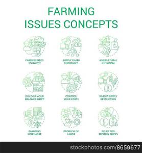 Agronomy issues green gradient concept icons set. Agriculture business problem. Challenges farmers face idea thin line color illustrations. Isolated symbols. Roboto-Medium, Myriad Pro-Bold fonts used. Agronomy issues green gradient concept icons set
