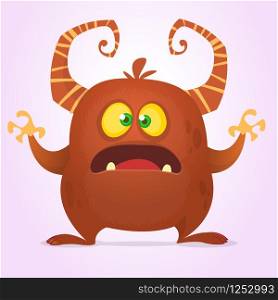 Agry scared cartoon monster with horns. Vector brown monster illustration. Halloween design isolated