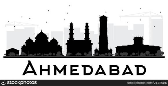 Ahmedabad City skyline black and white silhouette. Vector illustration. Simple flat concept for tourism presentation, banner, placard or web site. Business travel concept. Cityscape with landmarks
