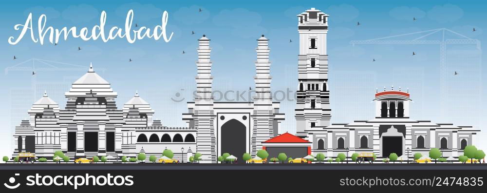 Ahmedabad Skyline with Gray Buildings and Blue Sky. Vector Illustration. Business Travel and Tourism Concept with Historic Buildings. Image for Presentation Banner Placard and Web Site.