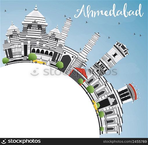 Ahmedabad Skyline with Gray Buildings, Blue Sky and Copy Space. Vector Illustration. Business Travel and Tourism Concept with Historic Architecture. Image for Presentation Banner Placard and Web Site.