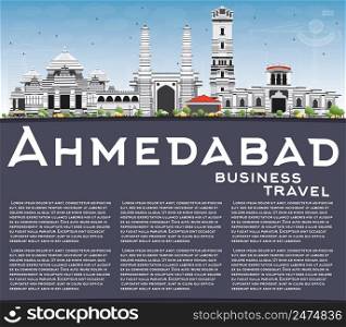 Ahmedabad Skyline with Gray Buildings, Blue Sky and Copy Space. Vector Illustration. Business Travel and Tourism Concept with Historic Buildings. Image for Presentation Banner Placard and Web Site.