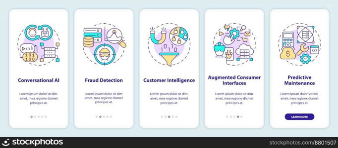 AI and data science business solutions onboarding mobile app screen. Walkthrough 5 steps editable graphic instructions with linear concepts. UI, UX, GUI template. Myriad Pro-Bold, Regular fonts used. AI and data science business solutions onboarding mobile app screen