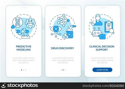 AI and ML in precision medicine blue onboarding mobile app screen. Walkthrough 3 steps editable graphic instructions with linear concepts. UI, UX, GUI template. Myriad Pro-Bold, Regular fonts used. AI and ML in precision medicine blue onboarding mobile app screen