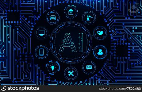AI (Artificial Intelligence), Circuit Background, Nanotechnologies, Global Network Technology - Illustration Vector. AI (Artificial Intelligence), Circuit Background, Nanotechnologies, Global Network Technology