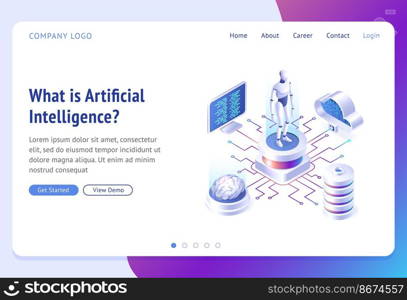 Ai, artificial intelligence isometric landing page. Cyborg surrounded with human brain, laptop, cloud storage and server. Robot innovation, virtual data, futuristic technologies 3d vector web banner. Ai, artificial intelligence isometric landing page