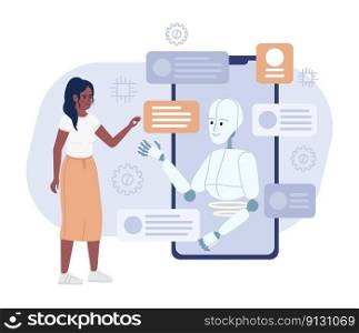 AI assistant flat concept vector spot illustration. Editable 2D cartoon characters on white for web design. Woman using application with artificial intelligence creative idea for website, mobile app. AI assistant flat concept vector spot illustration