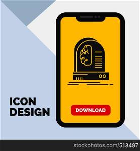 Ai, brain, future, intelligence, machine Glyph Icon in Mobile for Download Page. Yellow Background. Vector EPS10 Abstract Template background