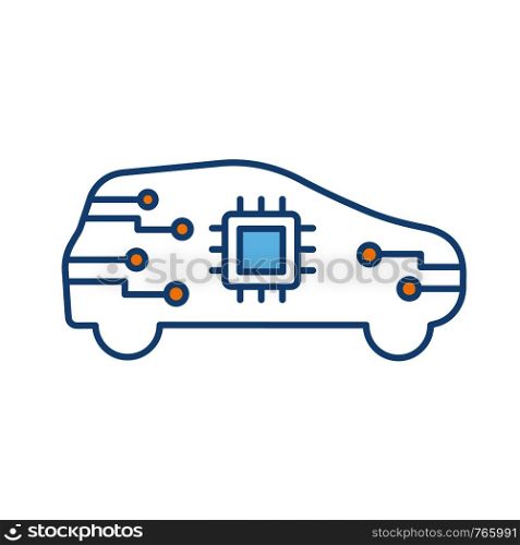 AI car in side view color icon. Autonomous car with chip inside. Smart auto. Intelligent auto. Self driving automobile with processor. Driverless vehicle. Isolated vector illustration. AI car in side view color icon