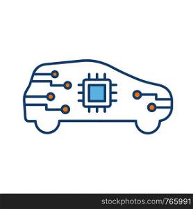 AI car in side view color icon. Autonomous car with chip inside. Smart auto. Intelligent auto. Self driving automobile with processor. Driverless vehicle. Isolated vector illustration. AI car in side view color icon