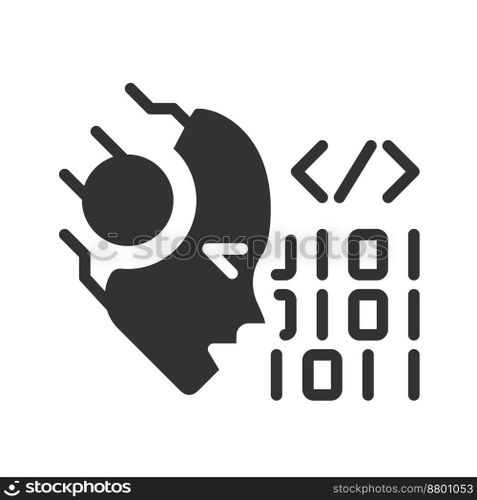 AI codes black linear glyph icon. Programmers help. Machine learning algorithm. Software technique. Generation tool. Negative space silhouette symbol. Solid pictogram. Vector isolated illustration. AI codes black linear glyph icon