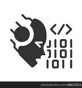 AI codes black linear glyph icon. Programmers help. Machine learning algorithm. Software technique. Generation tool. Negative space silhouette symbol. Solid pictogram. Vector isolated illustration. AI codes black linear glyph icon