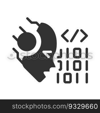 AI codes black linear glyph icon. Programmers help. Machine learning algorithm. Software technique. Generation tool. Negative space silhouette symbol. Solid pictogram. Vector isolated illustration. AI codes black linear glyph icon