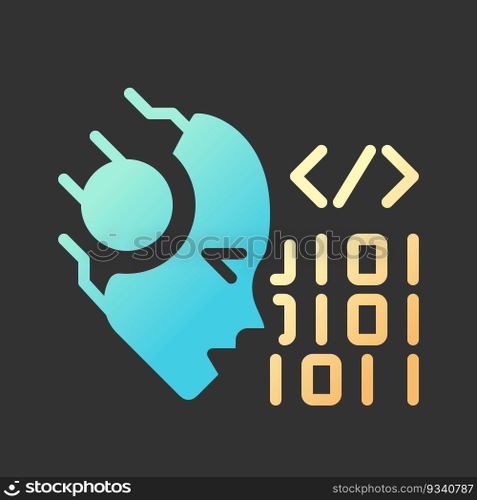 AI codes gradient glyph icon with lineart for dark theme. Programmers help. Machine learning algorithm. Software technique. Isolated color vector illustration for night mode. Solid linear pictogram. AI codes gradient glyph icon with lineart for dark theme