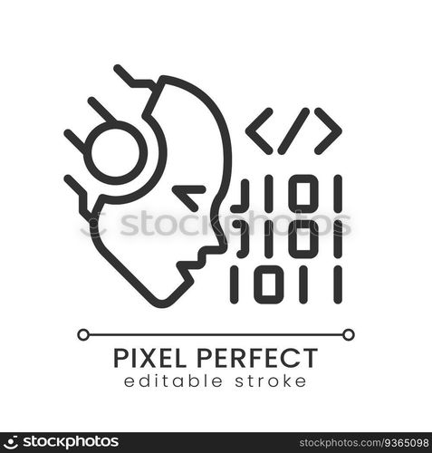 AI codes pixel perfect linear icon. Programmers help. Machine learning algorithm. Software technique. Generation tool. Thin line illustration. Contour symbol. Vector outline drawing. Editable stroke. AI codes pixel perfect linear icon