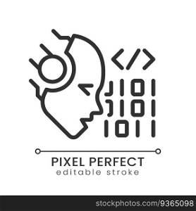 AI codes pixel perfect linear icon. Programmers help. Machine learning algorithm. Software technique. Generation tool. Thin line illustration. Contour symbol. Vector outline drawing. Editable stroke. AI codes pixel perfect linear icon